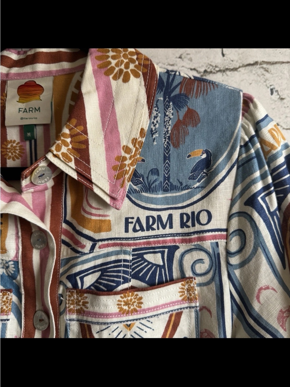 Farm Rio Cerrado Stamps Short Sleeve Belted Linen Mini Dress - Picture 12 of 15